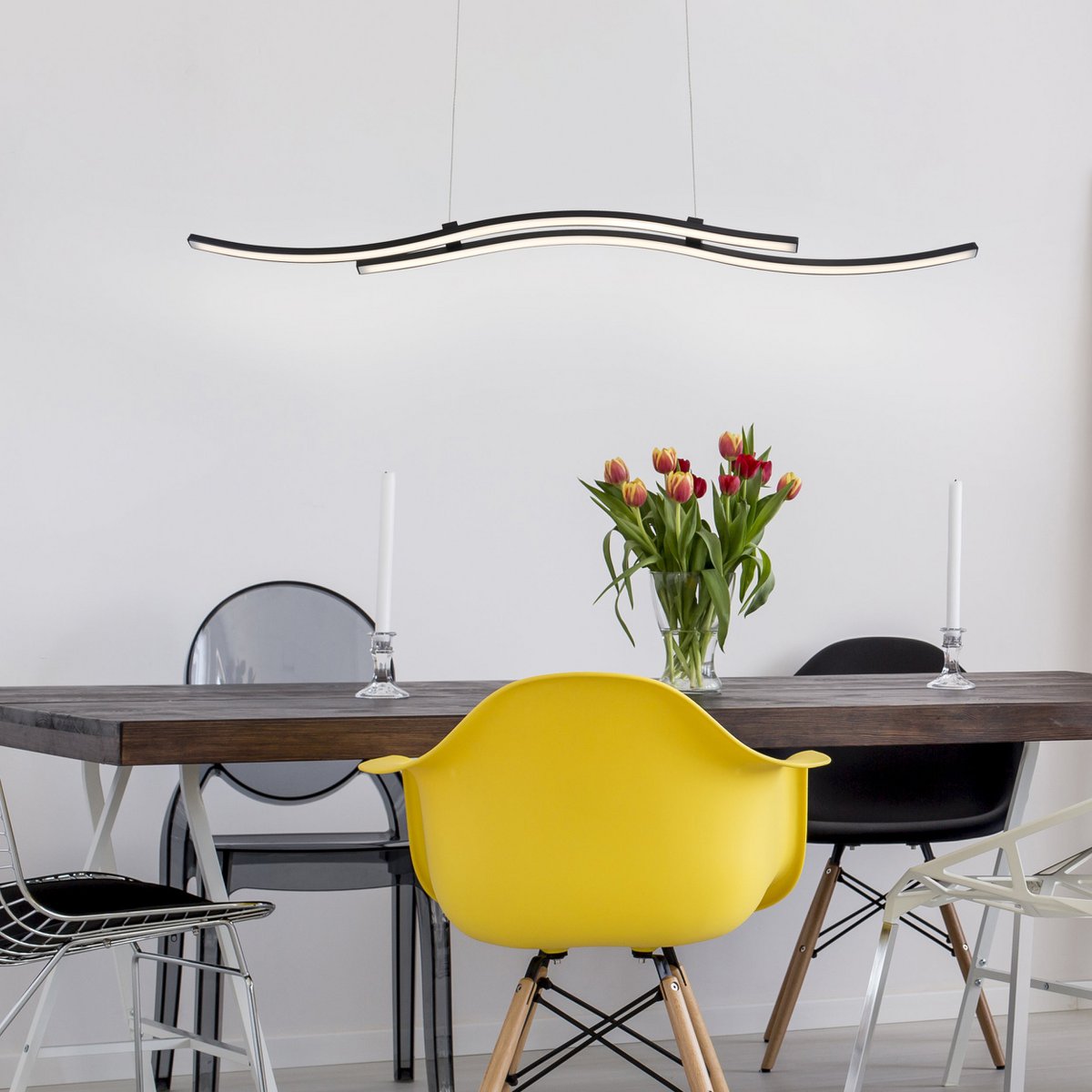 LED hanglamp "onda", hanglamp gemaakt van metaal en plastic in zwart, met stevig ingebouwde LED's, verlichting voor woonkamer, eetkamer of kantoor, 96 cm lang
