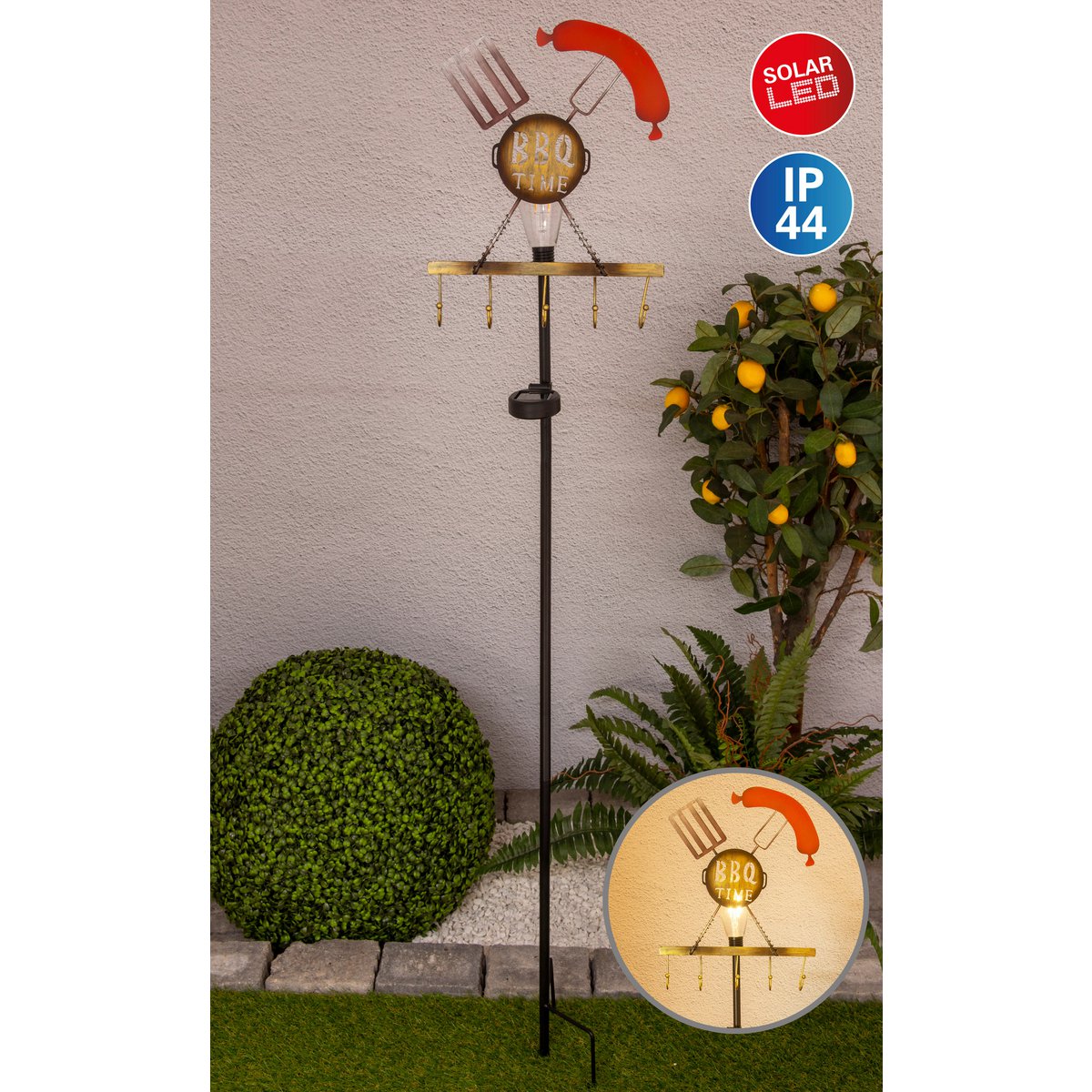 LED Solar Earth Spit H: 130 cm (BBQ), voor buiten, gemalen spiesjes gemaakt van metaal en plastic in roest, met geïntegreerde LED