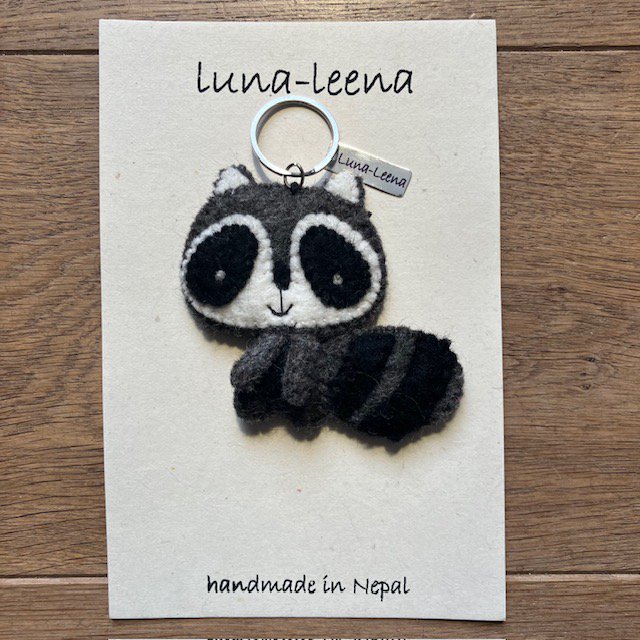 Luna -Leena Keychain Flat Racoon / Panda Gray - Bag Charm - Wool Filt - Handmade in Nepal