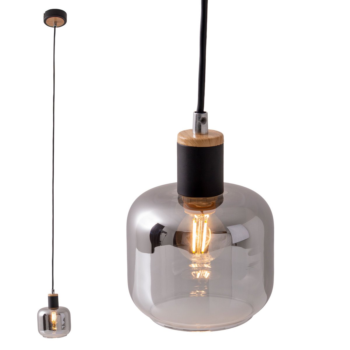 1-pendelende lamp "fumoso", hanglamp gemaakt van metaal en glas in zwart, met E14-aansluiting, voor eetkamer, woonkamer, gang of kantoor, hangende lamp 80 x 20 cm