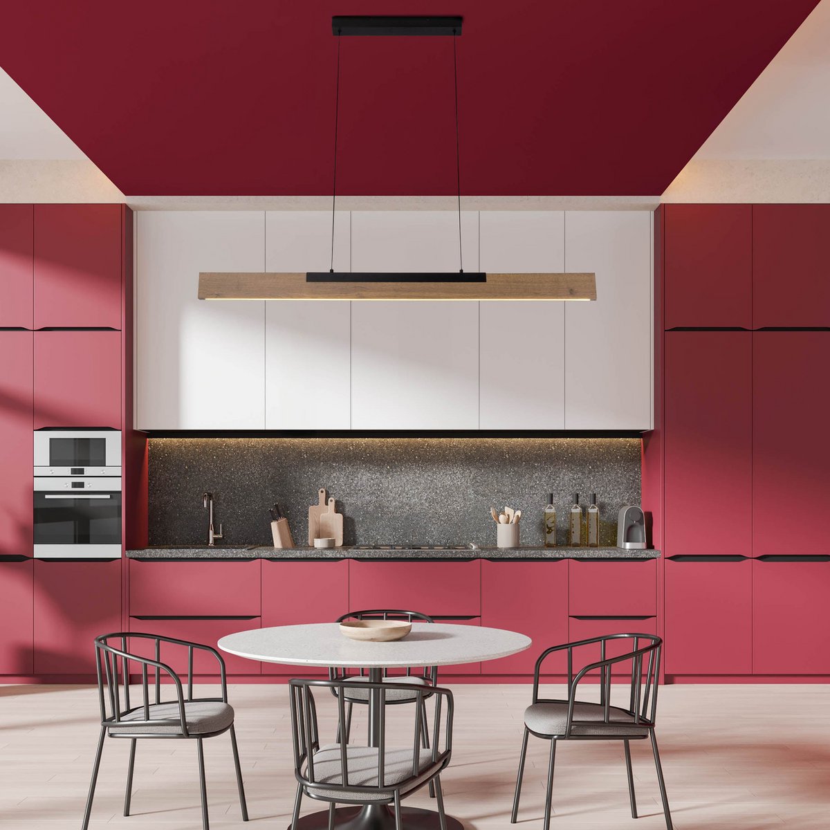 LED hanglamp "Wilma" gemaakt van metaal en hout (MDF) in zwart en bruin, ca. 122.2 cm lang, ca. 150 cm hoog, in hoogte verstelbaar, met geïntegreerde lamp, dimbaar, met geheugeneffect