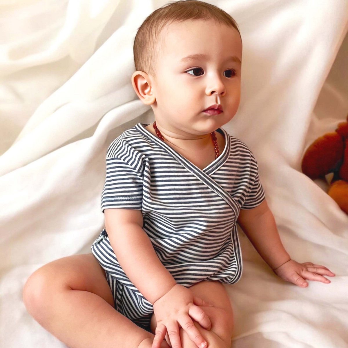 OrganicEra Organic Baby S/S Kimono body, Indigo gestreept
