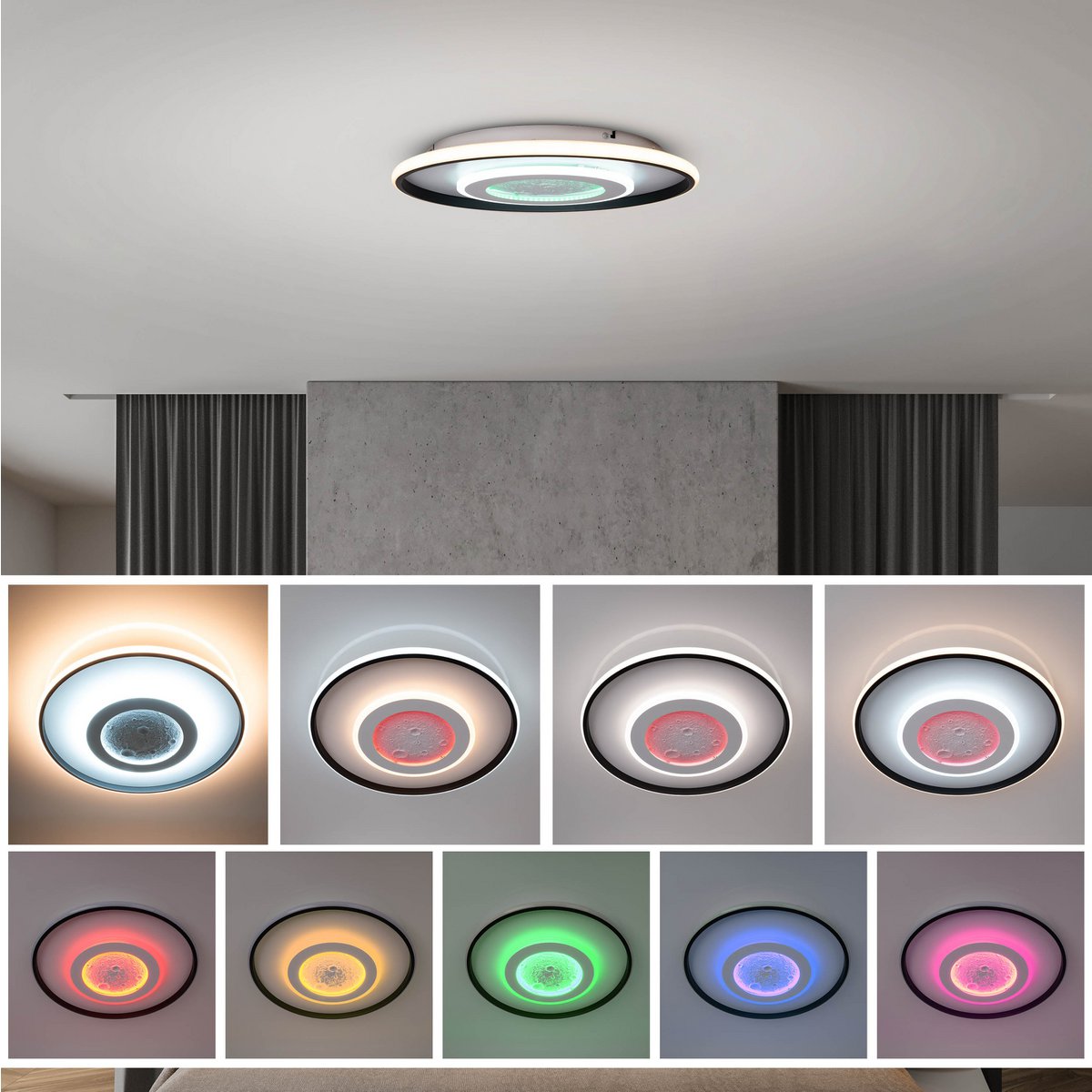 LED -plafondlamp CCT / RGB met maanstructuur, Ø 50 cm, veel functies, gemaakt van metaal en plastic, inclusief afstandsbediening