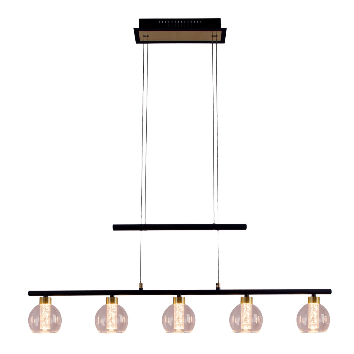 LED-glazen hanglamp "messing" zwart, klassiek, hangende lamp gemaakt van zwart metaal en glas, met stevig ingebouwde LED's, verlichting voor woonkamer, eetkamer of kantoor, 90 cm lang