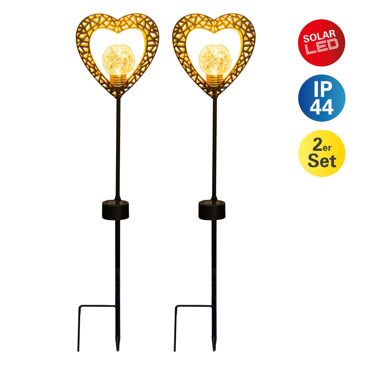 2 Set LED LED Solar Lamp "Heart" met Earth Skeer voor de tuin en terras gemaakt van metaal in zwart, en goud, met stevig ingebouwde LED's, 59 cm hoog