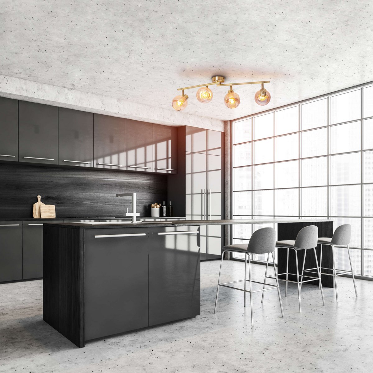 4er spot/plafondlamp "libby", klassieke plafondlamp gemaakt van messing gekleurd metaal en getinte glas in barnsteen, met E14-aansluiting, voor eetkamer, woonkamer, gang of kantoor, 80 cm lang