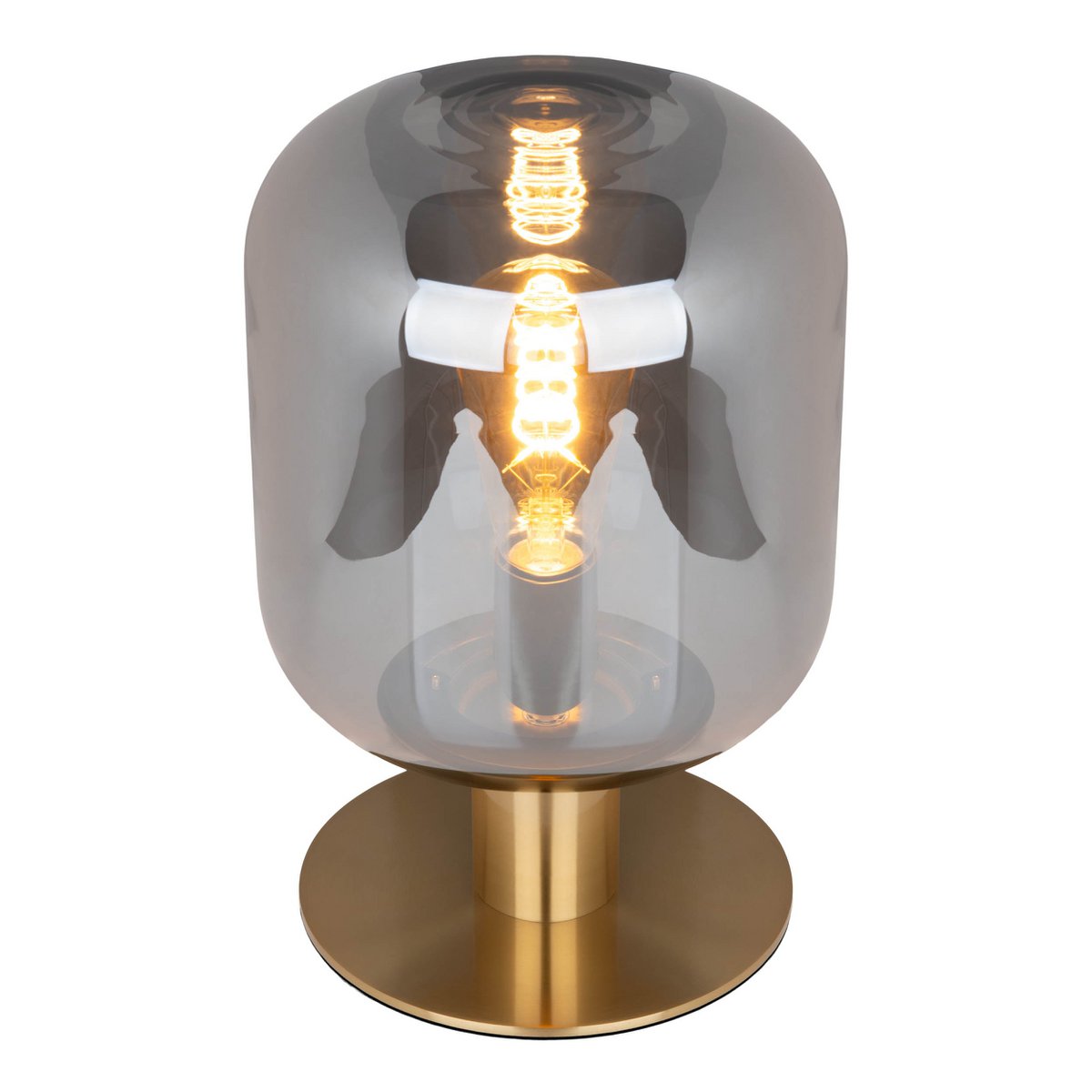 Glazen tafellicht "Alessio", 30 cm hoog, Ø 20 cm, goudkleurig metaal, rookglas, E14