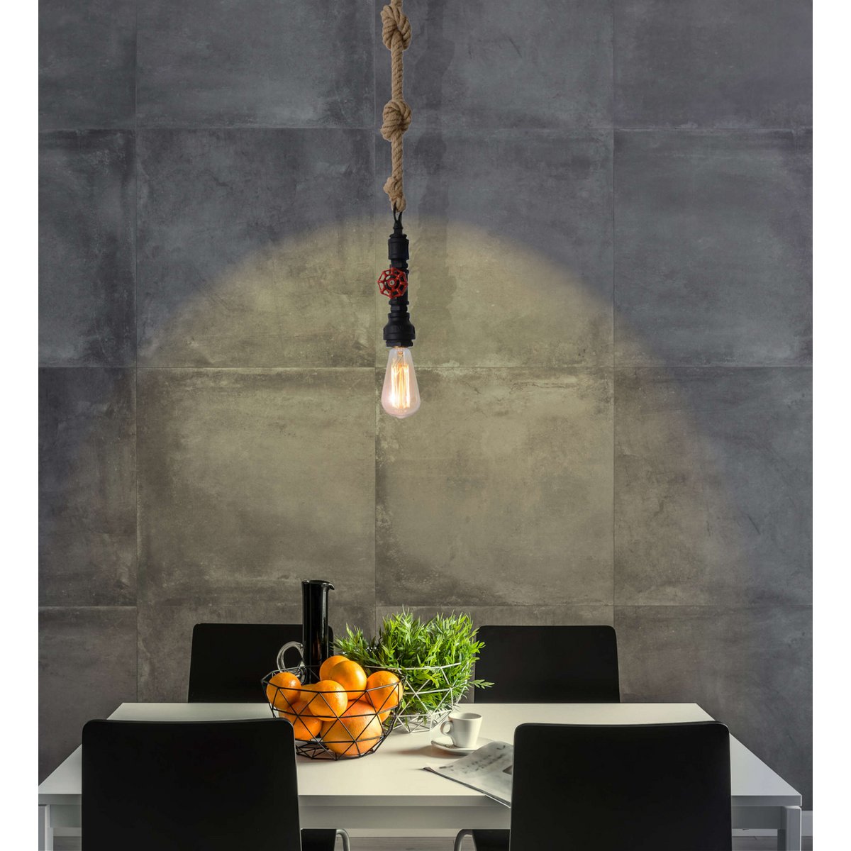 Hanger lamp "regia", black metal, henneptouw, E27 -versie, verlichting voor woonkamer, jeugdruimte of kantoor