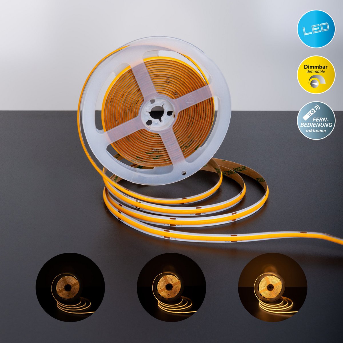 Cob LED -streep 5 meter, wit/transparant, dimbaar met geheugenfunctie