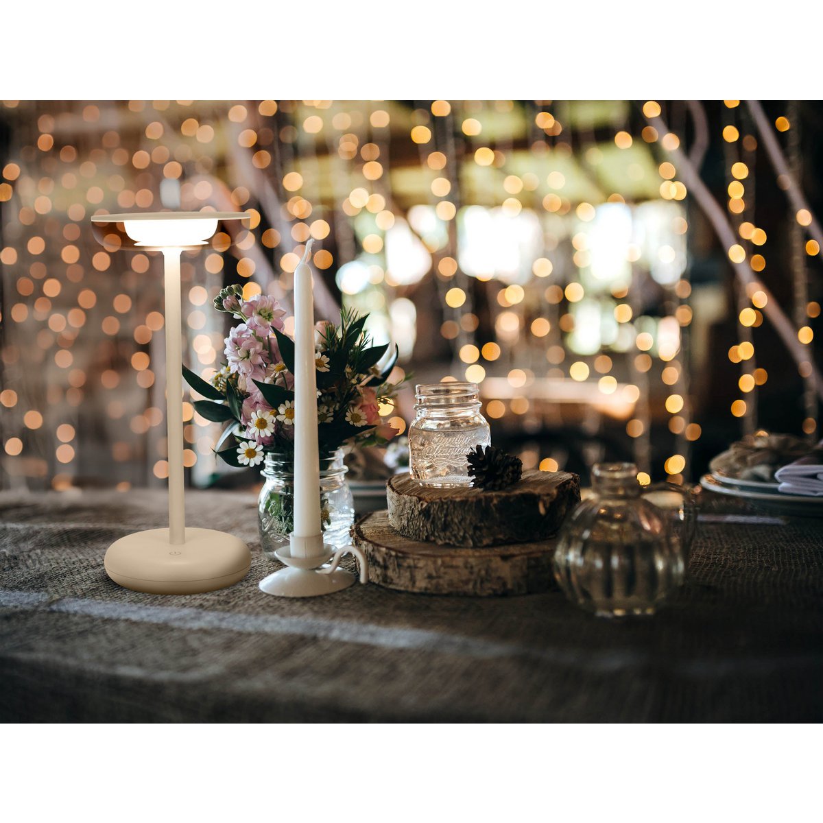 Noteloze tabletlicht "Pasi" voor buiten en binnen, gemaakt van metaal en plastic in beige, dimable, met aanraking en geheugenfunctie, ca. 26 cm hoog