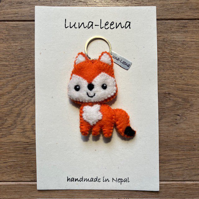Luna -Leena Keychain Flat Fox - Bag Charm - Oranje - Wool Filt - Handmade in Nepal