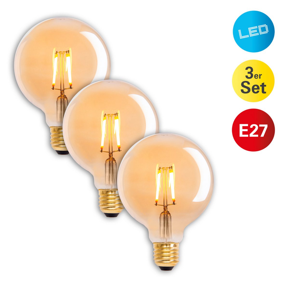 3-set LED Illuminant E27 versie 4.1 watt, gemaakt van metaal en glas, warm wit