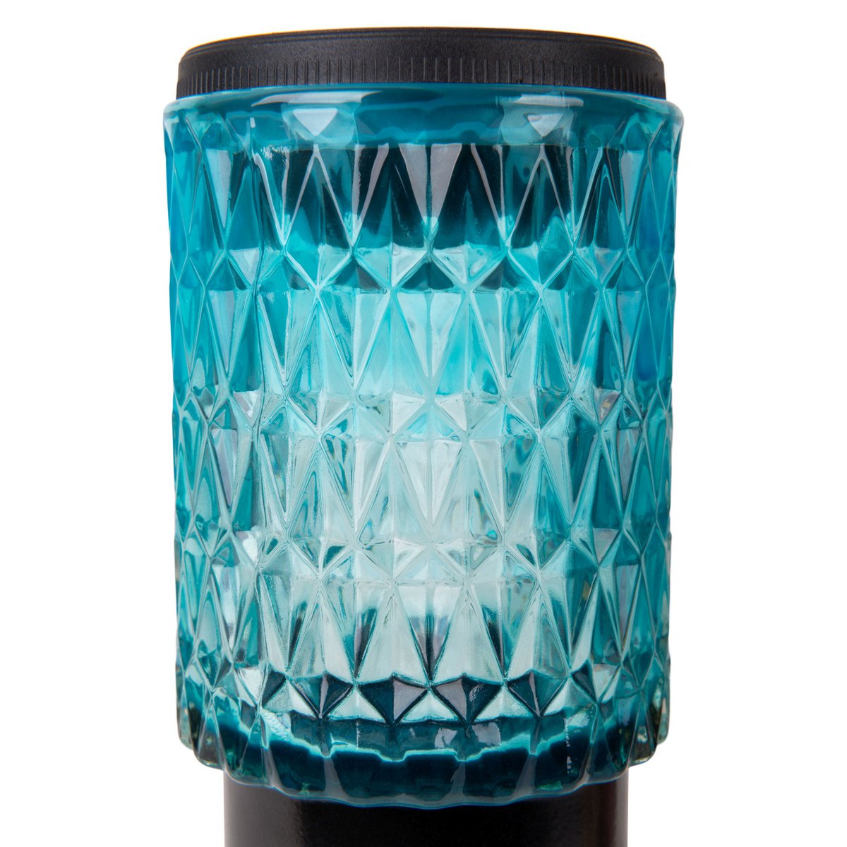 Zonne -decoratieve spiesjes "Mila" 2 set, Ø 8,3 cm, 25 cm hoog, zwart metaal, zwaar, gestructureerd glas in rood/geel en in blauw/groen, geïntegreerd LED, warm wit