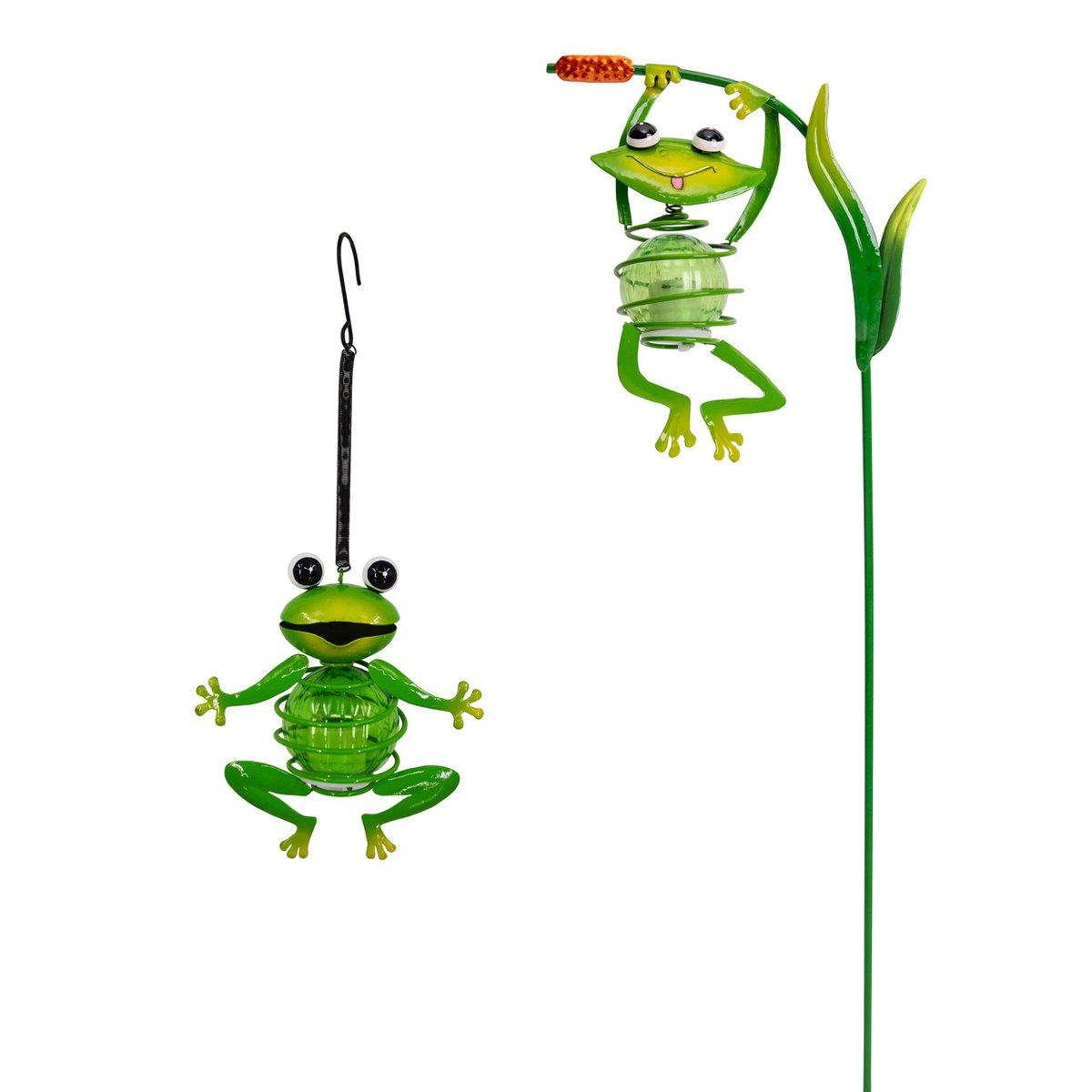 2 Set Solar-Deco Hanglight "Frosch" ca. 20 en 66 cm hoog, gemaakt van geschilderd. Dawn Sensor;