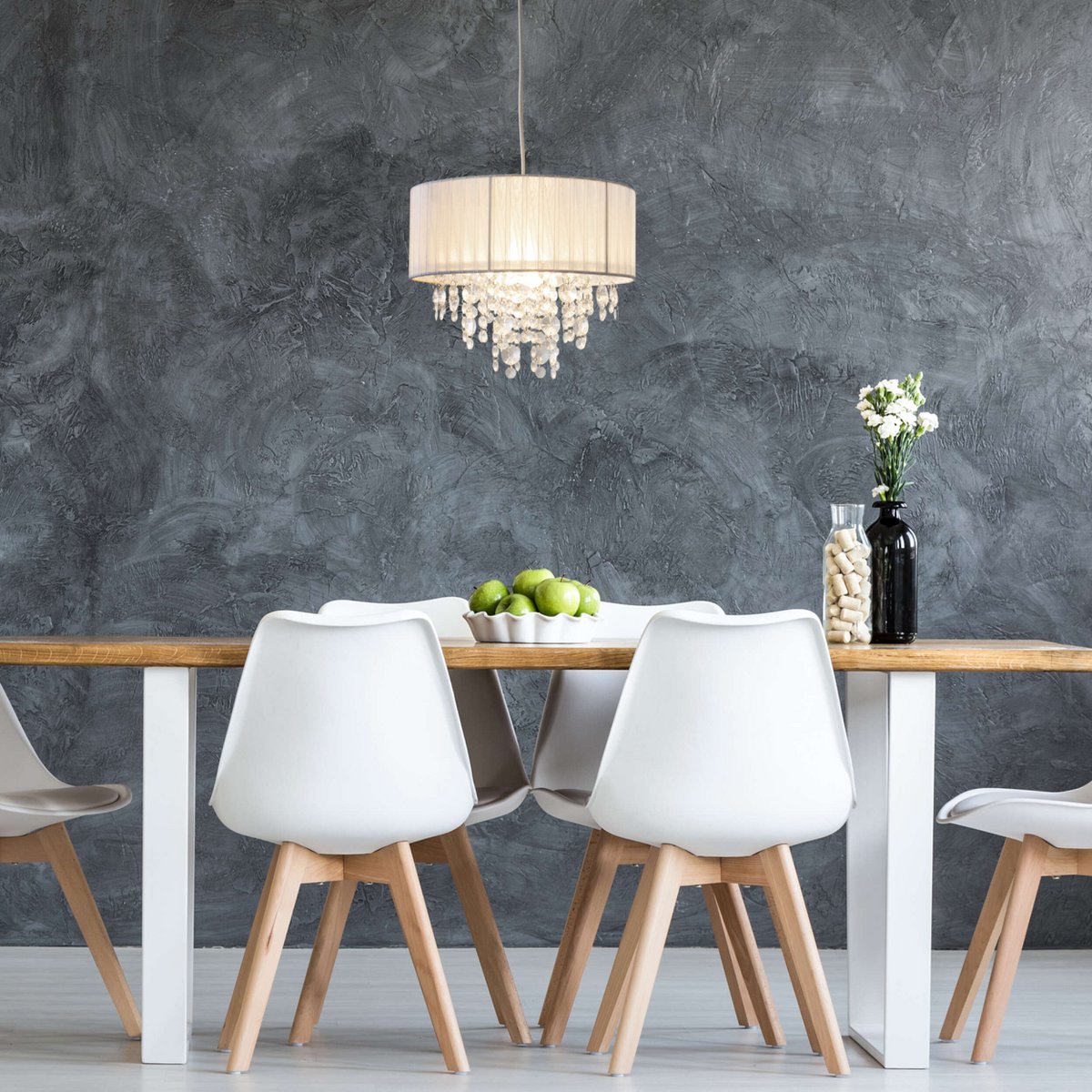 Decoratieve hanglamp "Crystallo", hanglamp gemaakt van metaal, transparant plastic en wit textielmateriaal, E27 -aansluiting, voor eetkamer, woonkamer, gang of kantoor, 30 cm diameter