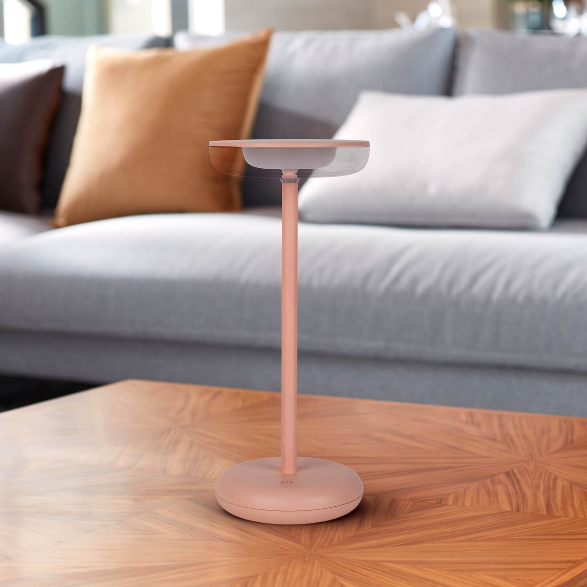 Noteloze tabletlicht "PASI" voor buiten en binnen, gemaakt van metaal en plastic in roze, dimbaar, met aanraking en geheugenfunctie, ca. 26 cm hoog