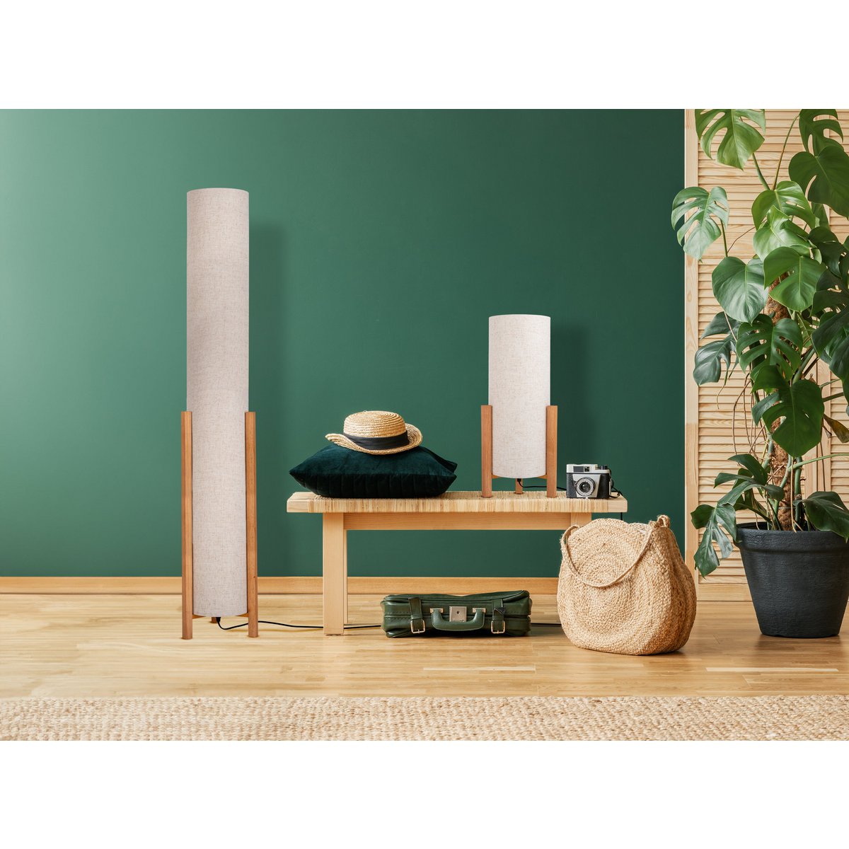 Tafellamp "Matilda" klassieke tafellamp met natuurlijk uiterlijk door hout en stofscherm, E27 -aansluiting, 52 cm hoog