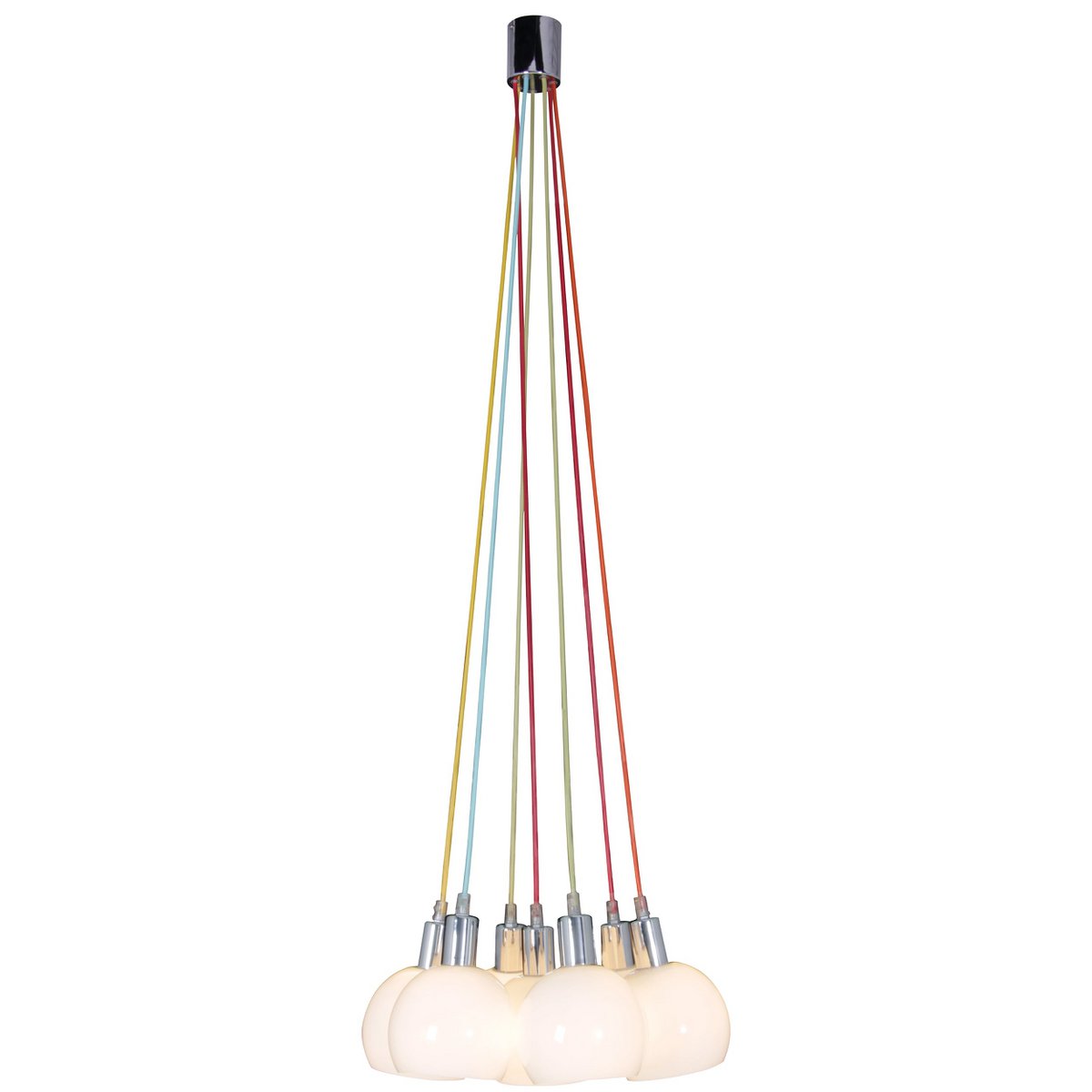 Hanglamp "regenboog-bowl" in totaal 120 cm hoog, 7 glazen schermen Ø 16 cm, gemaakt van chroomkleurig metaal, opaalwit glas en kleurrijke voeding, E14-versies