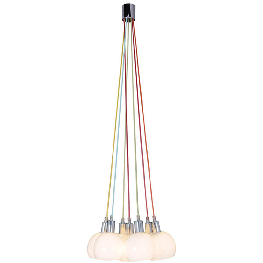Hanglamp "regenboog-bowl" in totaal 120 cm hoog, 7 glazen schermen Ø 16 cm, gemaakt van chroomkleurig metaal, opaalwit glas en kleurrijke voeding, E14-versies