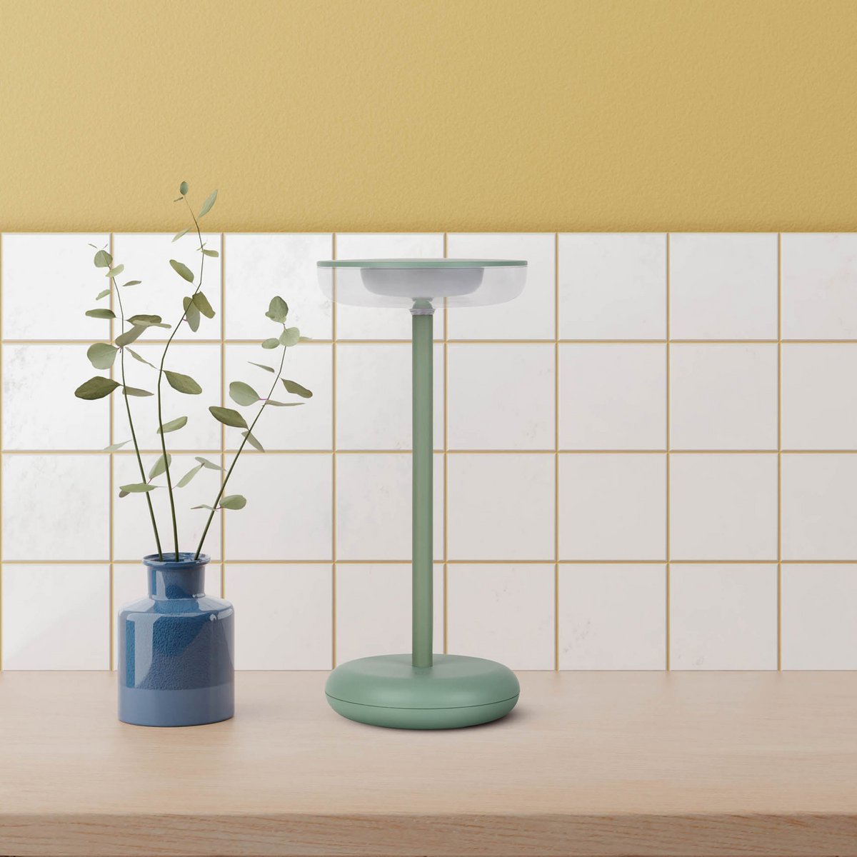 Noteloze tabletlamp "PASI" voor buiten en binnen, gemaakt van metaal en plastic in mint, dimbaar, met aanraking en geheugenfunctie, ca. 26 cm hoog