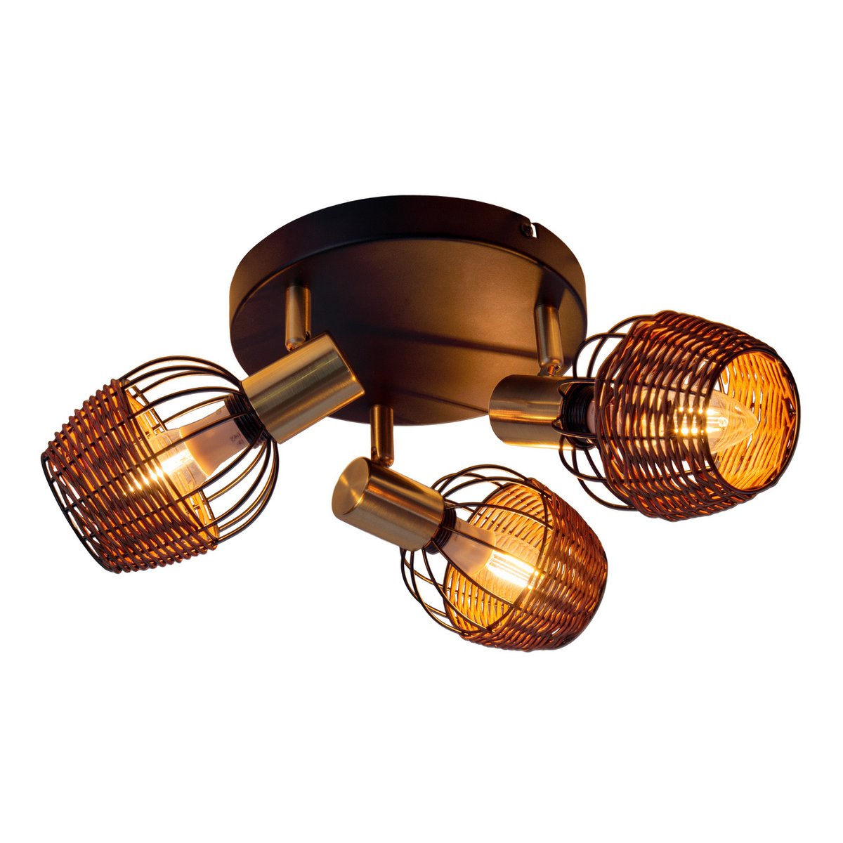 3 "Corbis" plafond Rondel, metalen plek in zwart, met goud en rattan, met E14 -aansluiting, voor eetkamer, woonkamer, gang of kantoor, verlichting voor woonkamer, eetkamer of kantoor, 38 cm diameter, diameter van 38 cm