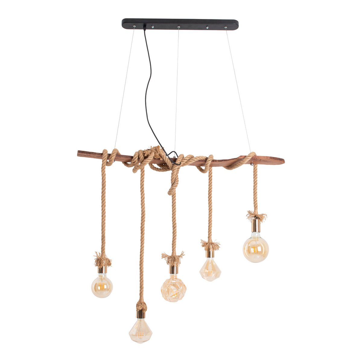 Hanger lamp "touw" 5flg. Hanglamp gemaakt van hout en touw in de natuur, E27 -versie, verlichting voor woonkamer of kantoor