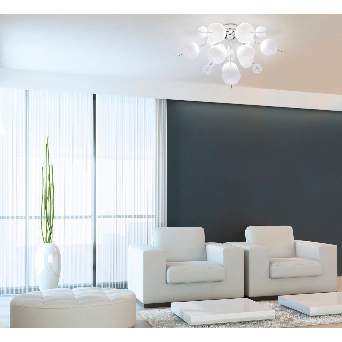 Plafondlamp "explosie" wit gemaakt van metaal en glas, G9 -versies, plafondlamp voor eetkamer, woonkamer, gang of kantoor, Ø57 cm