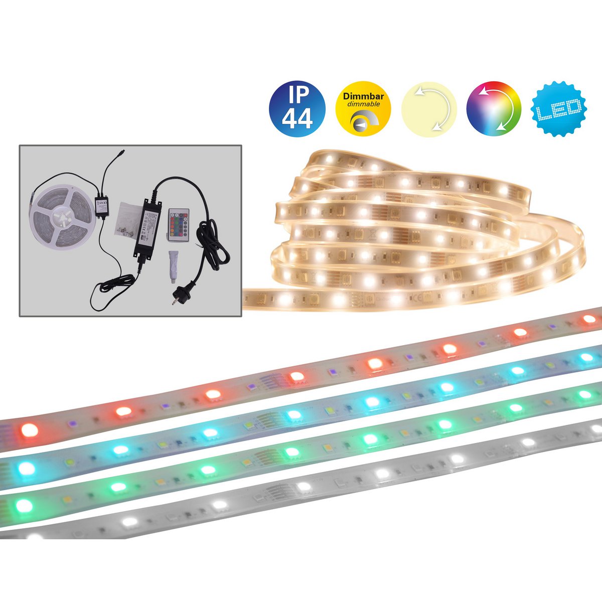 De LED "Stripe" buiten 1000 cm, 36 watt, warm wit, met kleurwisselaar, dimbaar, inclusief afstandsbediening en accessoires