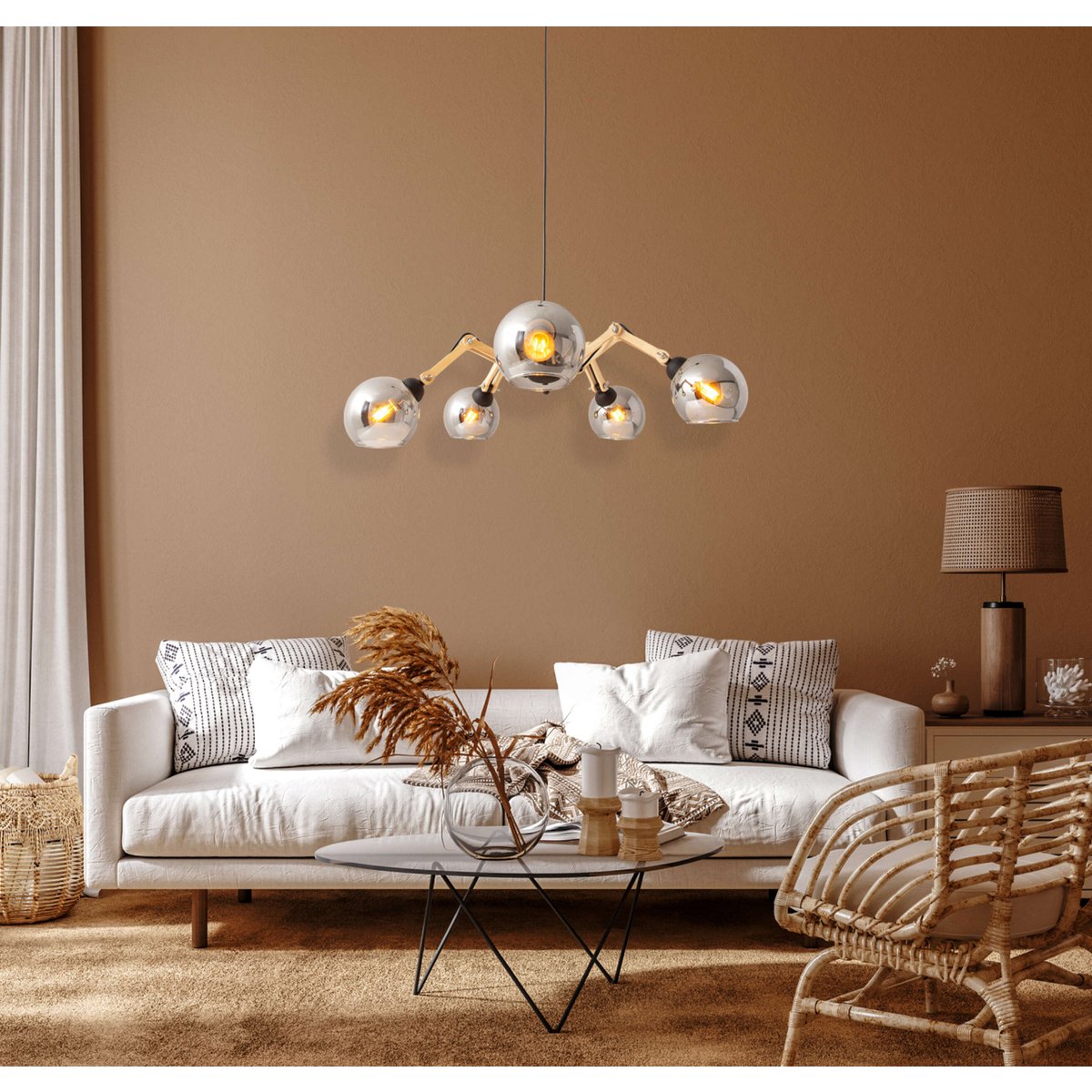 5 glazen hanglamp "soito" hanglamp gemaakt van metaal, glas en rubberen hout, met E14 -aansluiting, voor eetkamer, woonkamer, gang of kantoor, een diameter van 80 cm