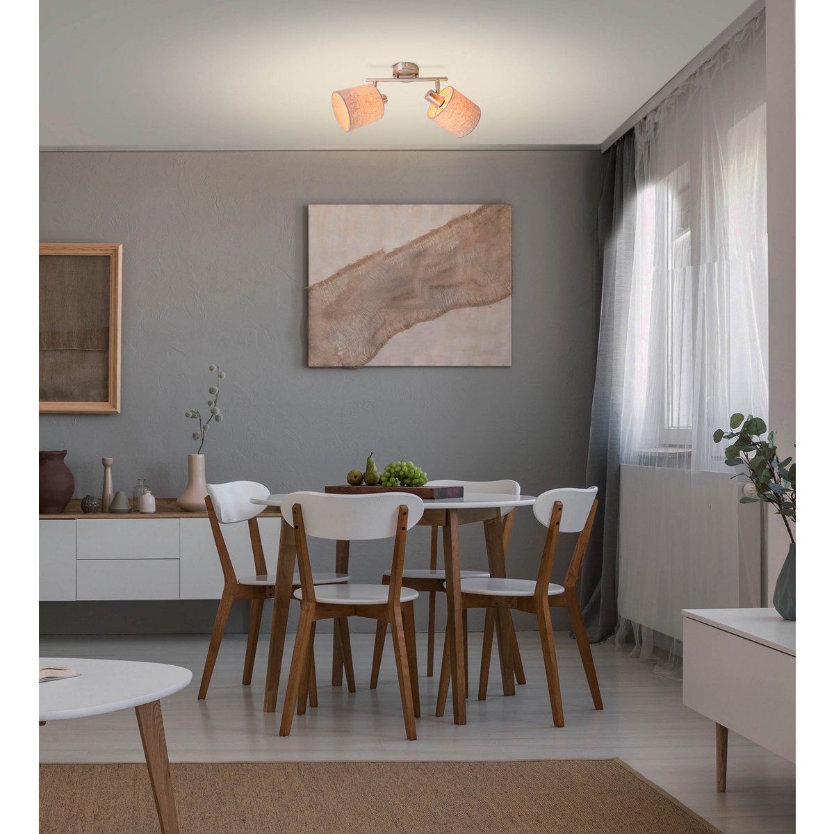Muur en plafondlamp met 2 zitplaatsen "Maron" gemaakt van metalen satine mat met stof paraplu's in de natuur, met E14-aansluiting, lamp voor woonkamer, eetkamer, gang en kantoor, 46 x 12 cm