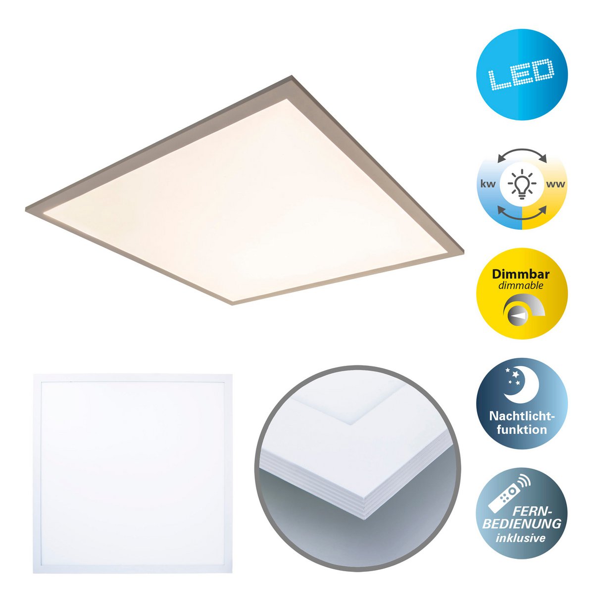 LED -paneel plafondlamp "Nico", functionele metalen plafondlamp en plastic in het wit, met vaste LED's en vele functies, ideaal voor kantoor, oefening of workshop, ca. 59,5 x 59,5 cm