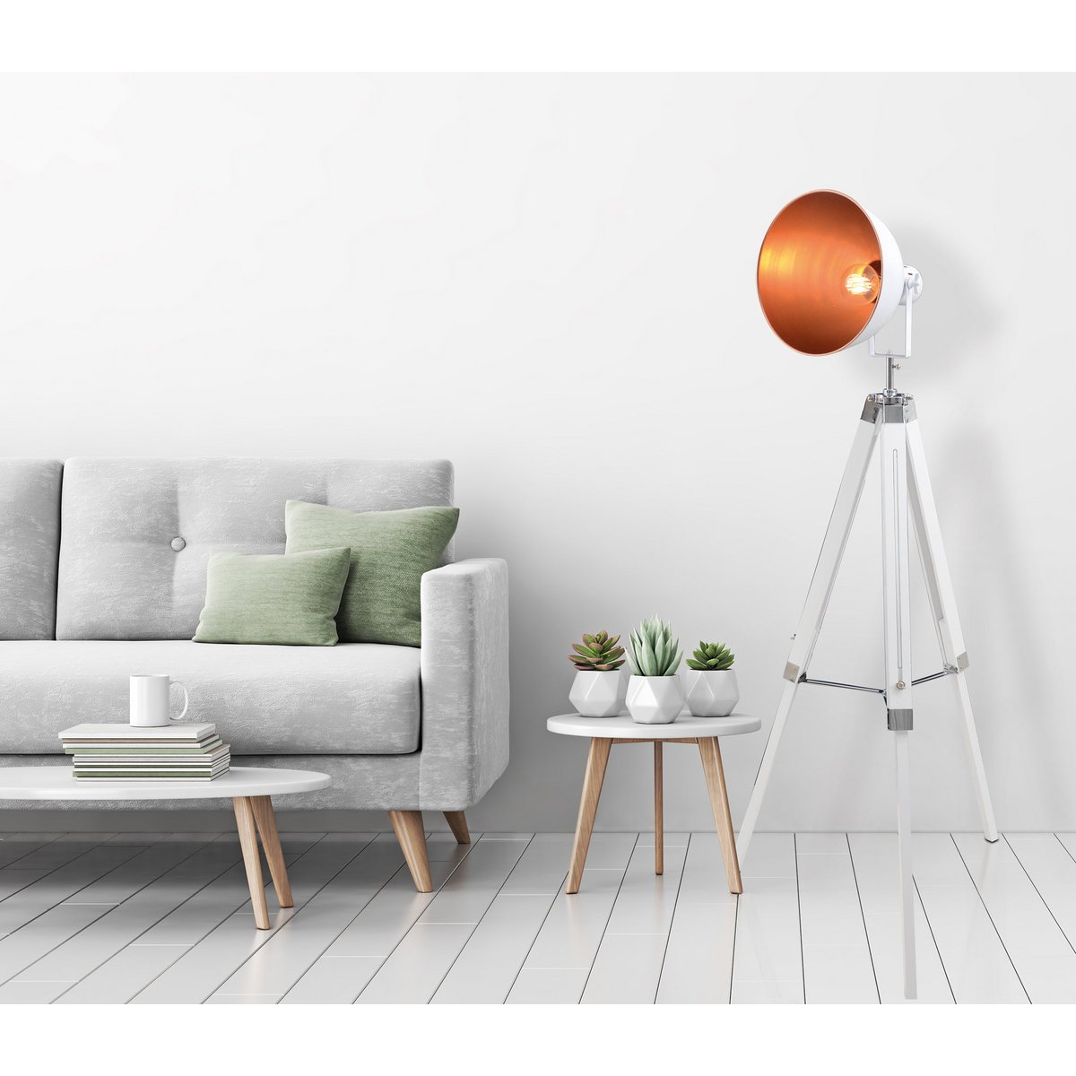 Staande lamp driekbende "" Christie "" gemaakt van metaal en wit geschilderd hol, e27, 90-130 cm hoog