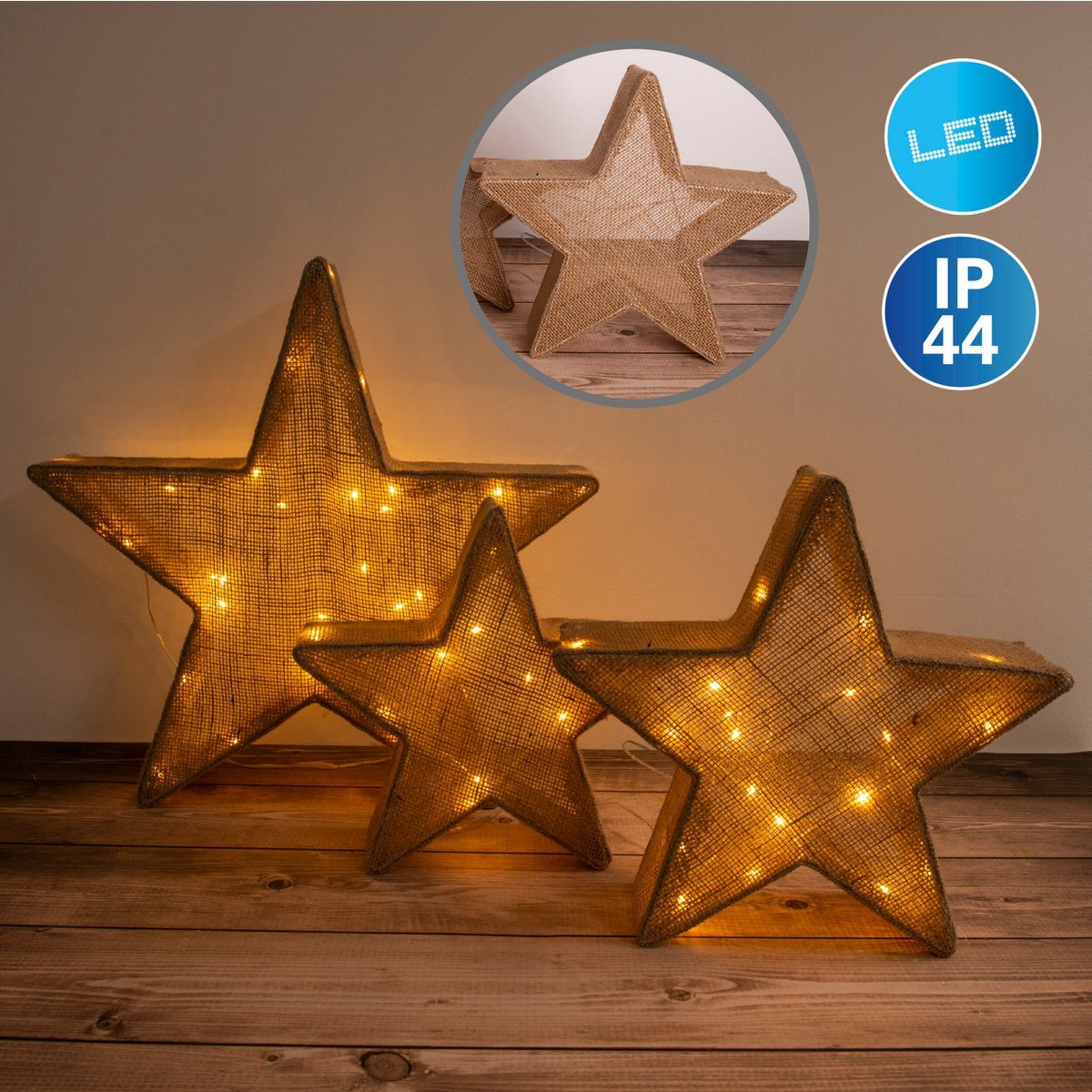 3 Set Led Decorative Stars Brown