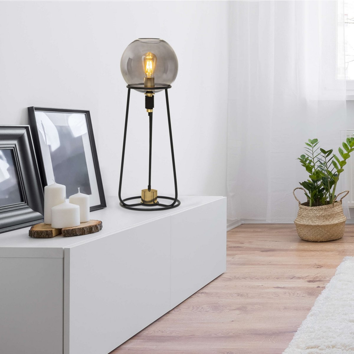 Tafellamp "Stelo", moderne tafellamp gemaakt van zwart metaal en rookglas, E27 -aansluiting, 71 cm hoog, voor eetkamer, woonkamer, gang of kantoor,