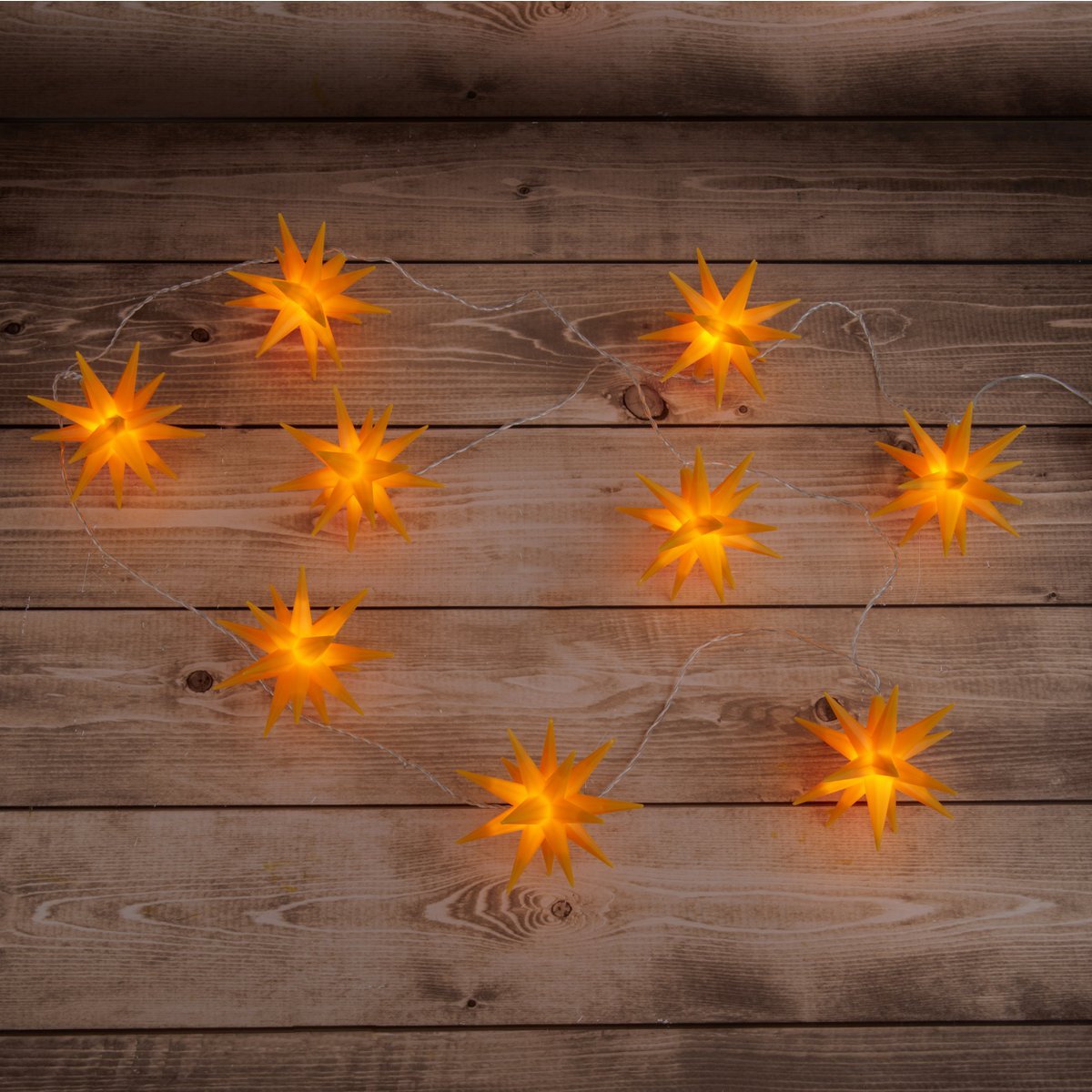 LED -lichte keten "3D -sterren" gemaakt van plastic in geel, met stevig geïnstalleerde LED's, kerstdecoraties voor buiten