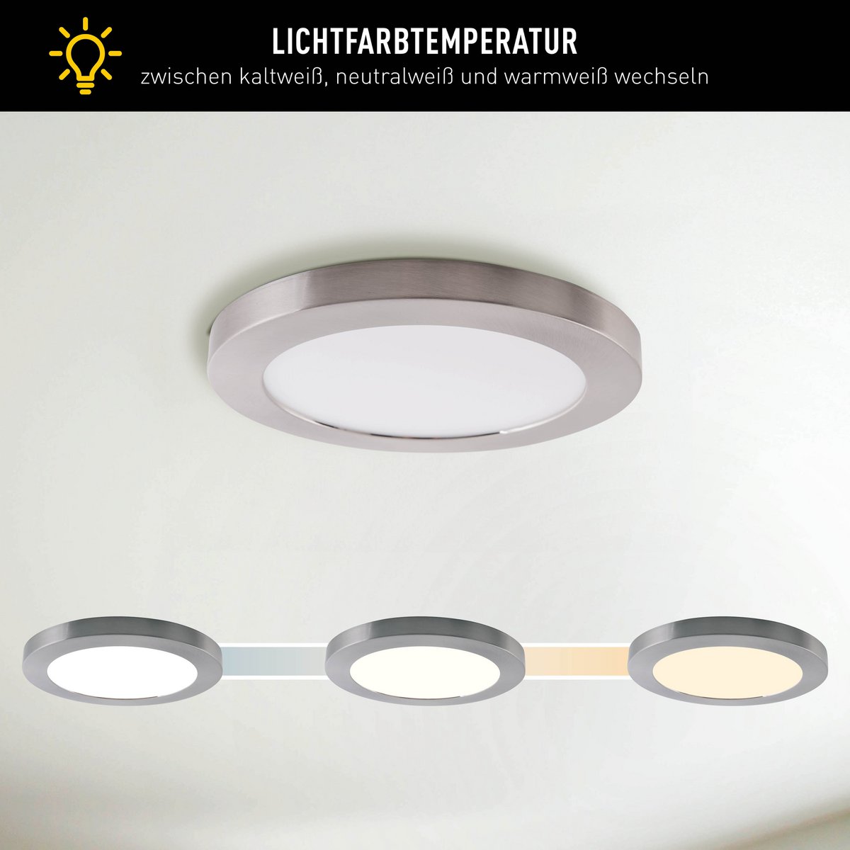 LED -plafondlamp "bonus", functie, metalen plafondlamp en plastic, ringen in chroom en wit kunnen worden gewijzigd, met stevig ingebouwde LED's, 22,5 cm diameter