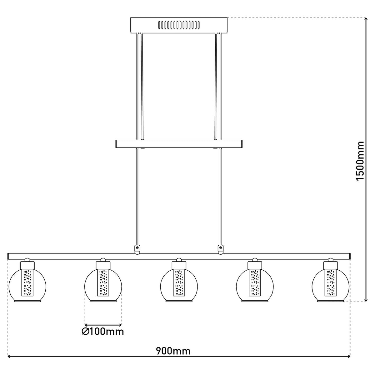 LED-glazen hanglamp "messing" zwart, klassiek, hangende lamp gemaakt van zwart metaal en glas, met stevig ingebouwde LED's, verlichting voor woonkamer, eetkamer of kantoor, 90 cm lang