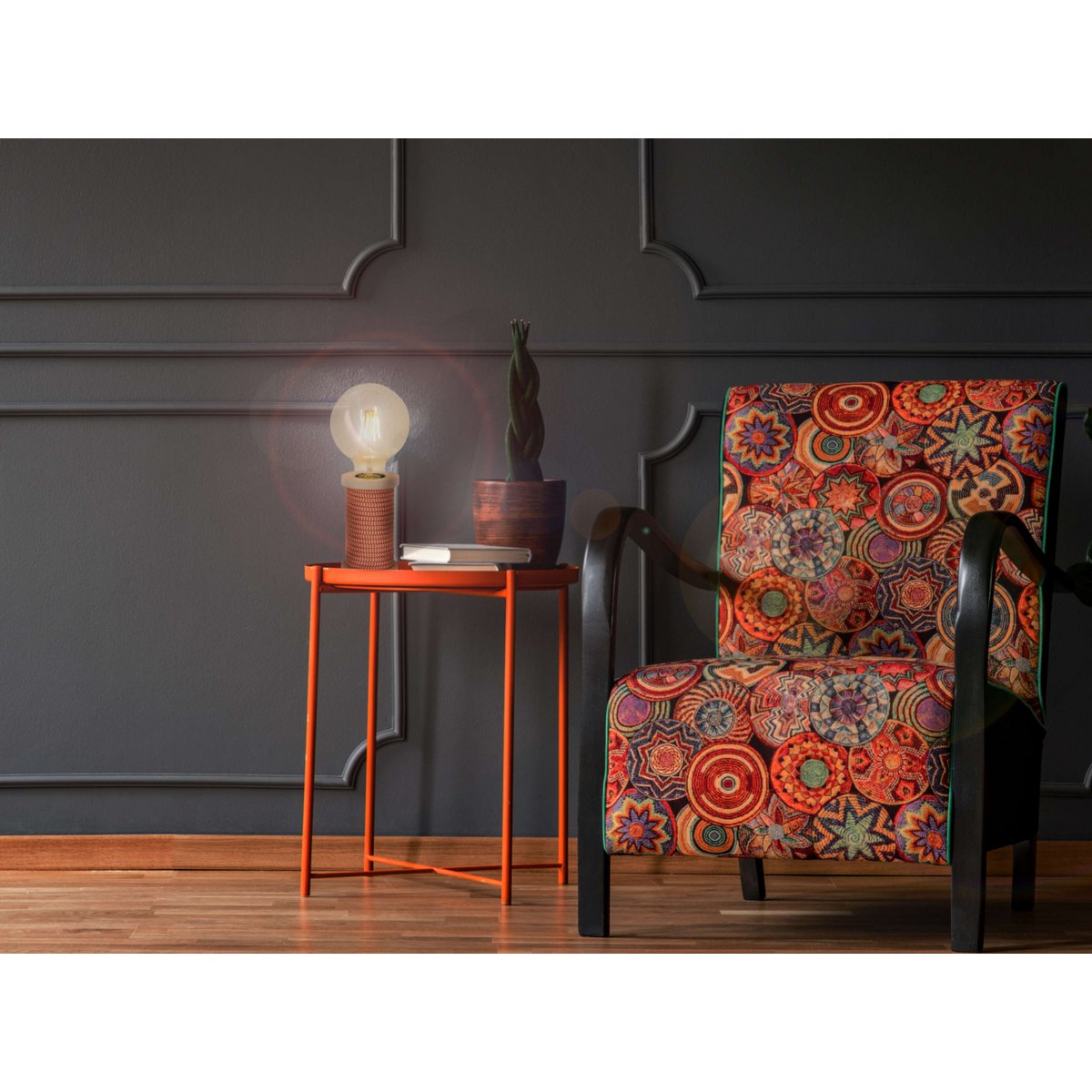 Tafellamp Max. 12 cm hoog, decoratieve tafellamp gemaakt van metaal en plastic en textielmateriaal in oranje-wit, E27-versie, tafellamp voor eetkamer, keuken, kinderkamer, gang