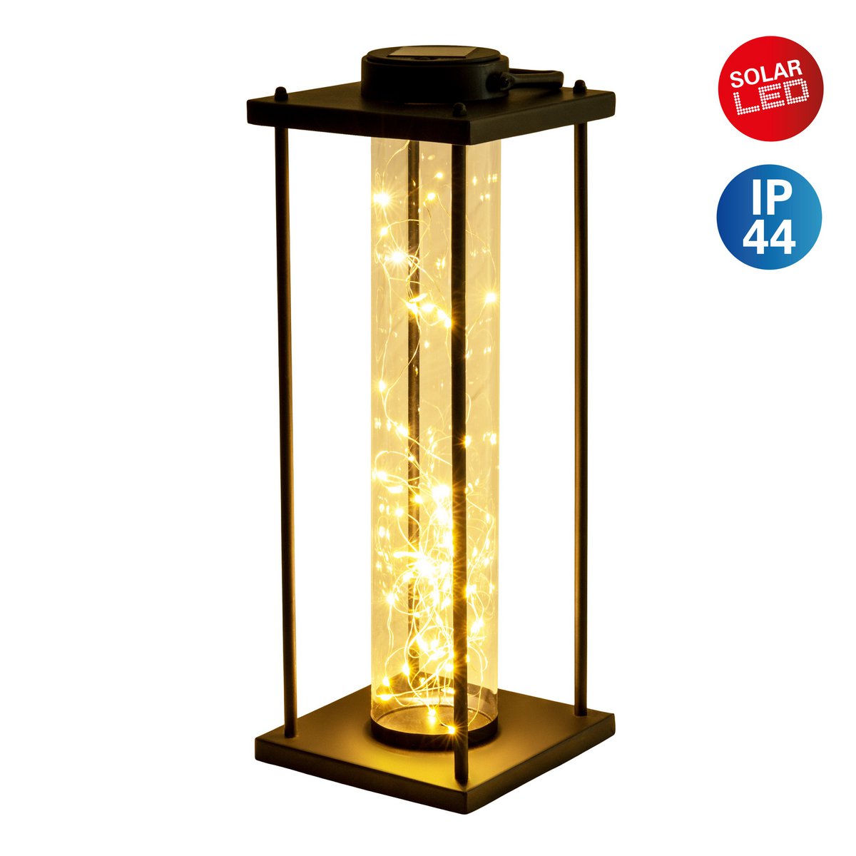 LED ZONNELIJKE LICHT "Fairylight" voor terras en balkon, gemaakt van zwarte metaal en glas, stevig gebouwd -in LED's, decoratielamp voor buiten 51,5 cm hoog