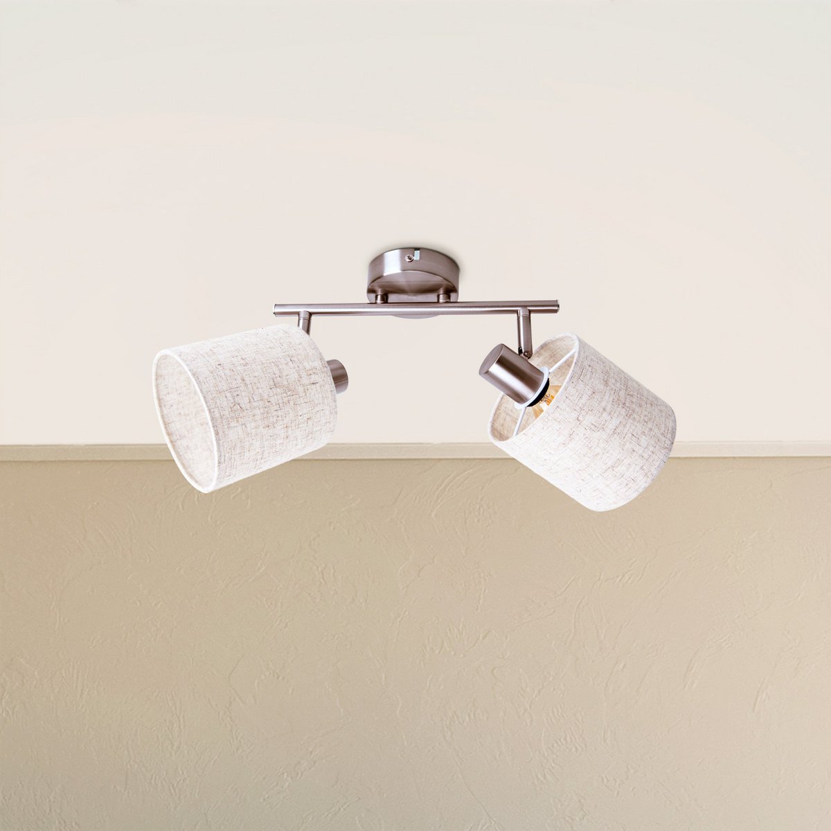 Muur en plafondlamp met 2 zitplaatsen "Maron" gemaakt van metalen satine mat met stof paraplu's in de natuur, met E14-aansluiting, lamp voor woonkamer, eetkamer, gang en kantoor, 46 x 12 cm