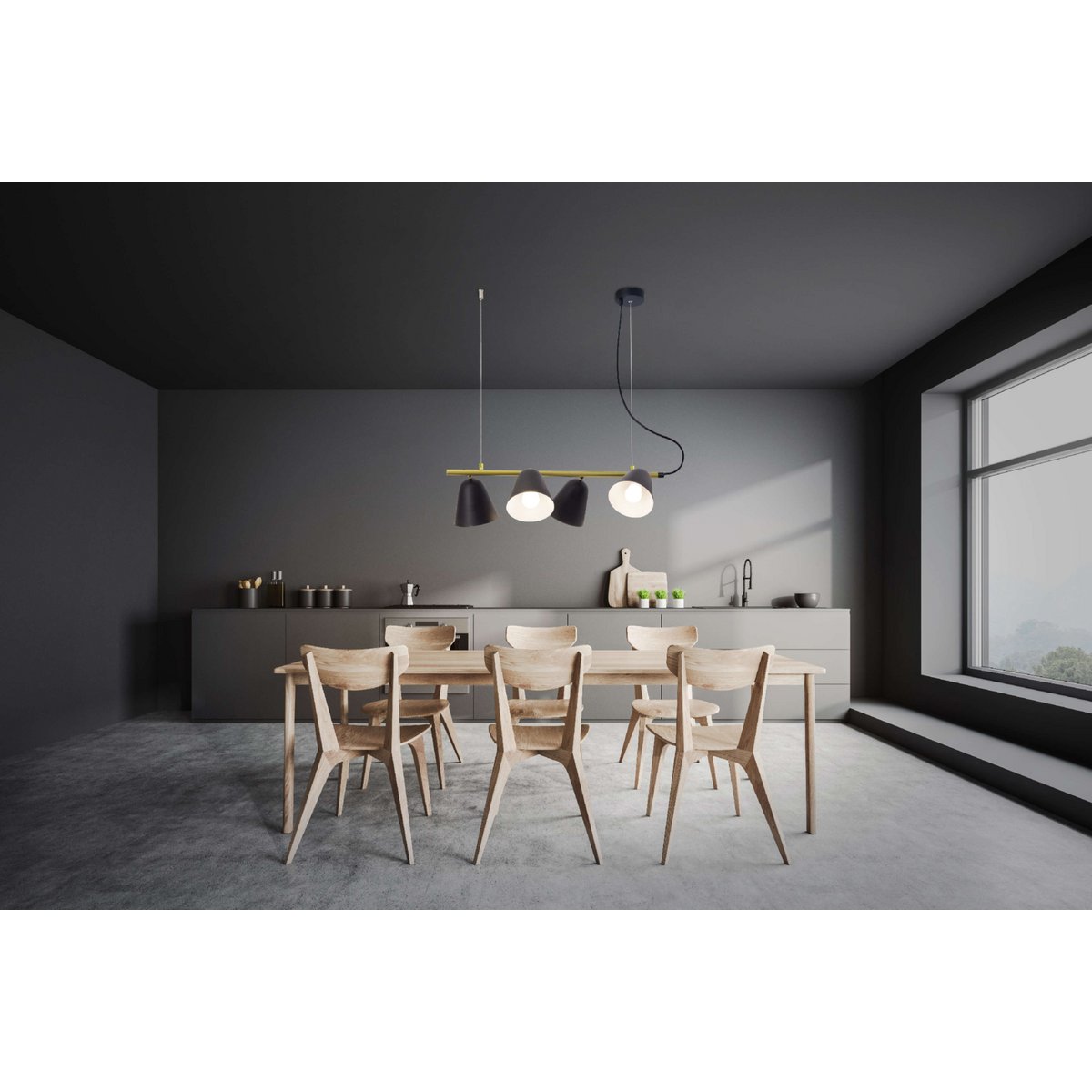 4-pending lamp "Triton" gemaakt van zwart metaal in zwart, met E27-aansluiting, verlichting voor woonkamer, eetkamer of kantoor.