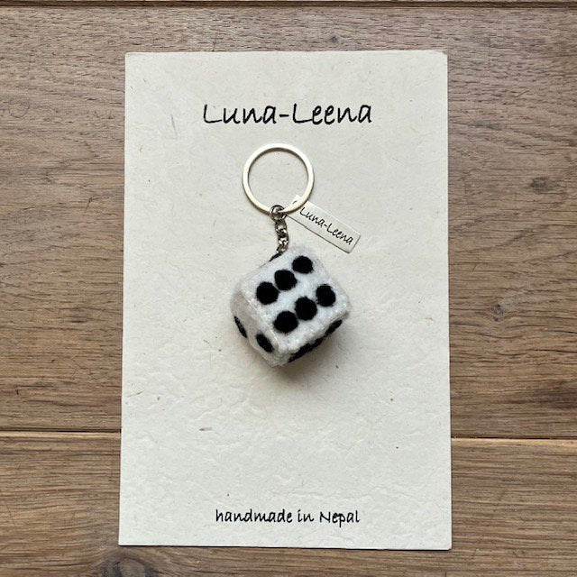 Luna -Leena Keychain Lucky Dice - Bag Charm - Black & White - Wool Felt - Handmade in Nepal