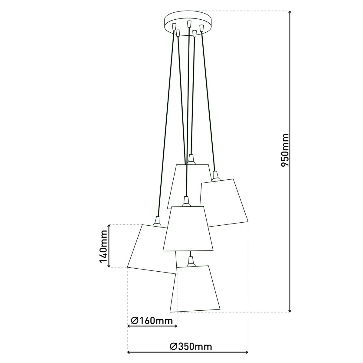 Textiel hanger lamp "boho", jong wonen, hangende lamp met 5 textiel parasols in beige en bruin, met E14 -aansluiting, voor eetkamer, woonkamer, gang of kantoor, 95 cm hoog