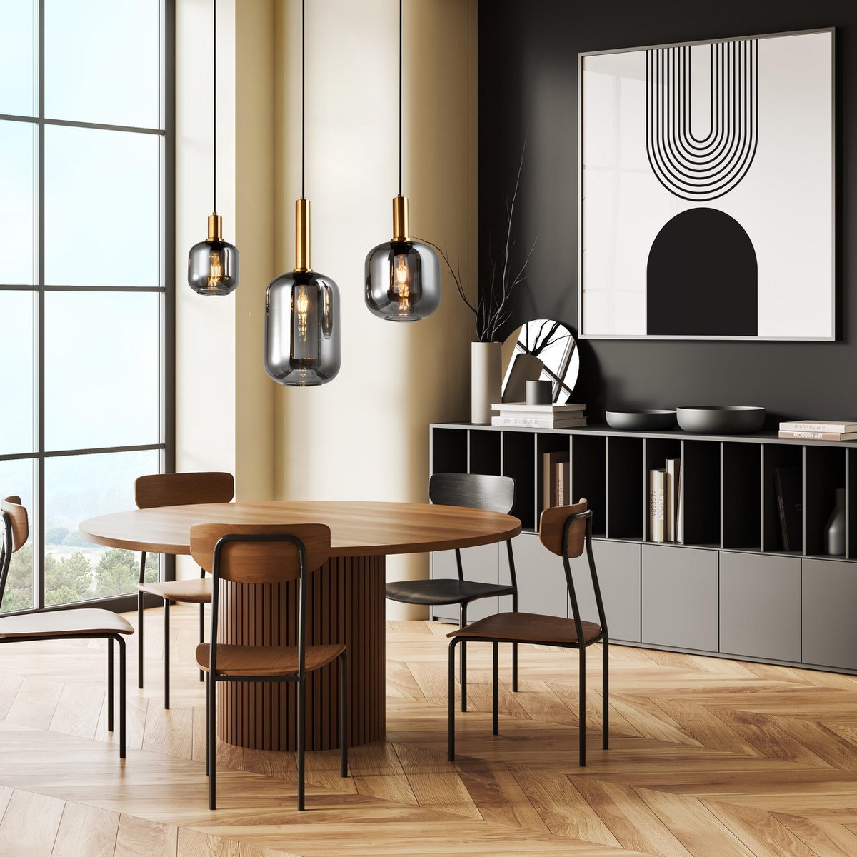 3 hanglamp "fumo", hanglamp gemaakt van metaal en glas in zwart, met E14 -aansluiting, voor eetkamer, woonkamer, gang of kantoor, hangende lamp 82 cm lang