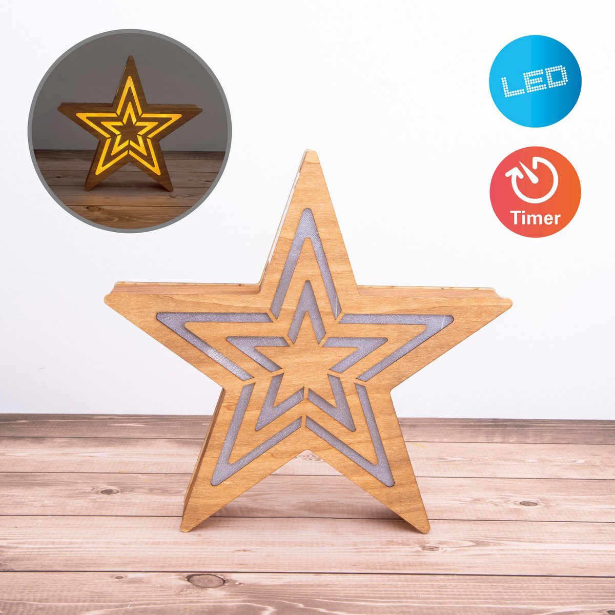 LED Christmas Decorations "Stern" H: 33 cm - Kerstartikelen - Decoratie - Hout - Natuur - met geïntegreerde LED - Kerstdecoratie