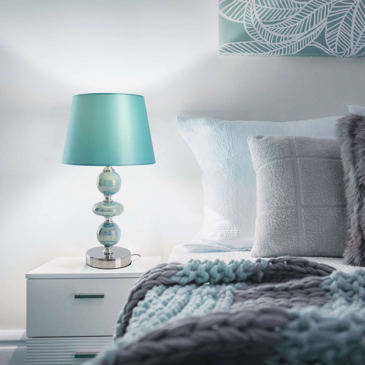 Keramische tafellamp "araga" 36 cm hoog, tafellamp gemaakt van metaal, keramiek, met tekstbladen, turquoise, met E14 -aansluiting, verlichting voor eetkamer, woonkamer, gang of kantoor