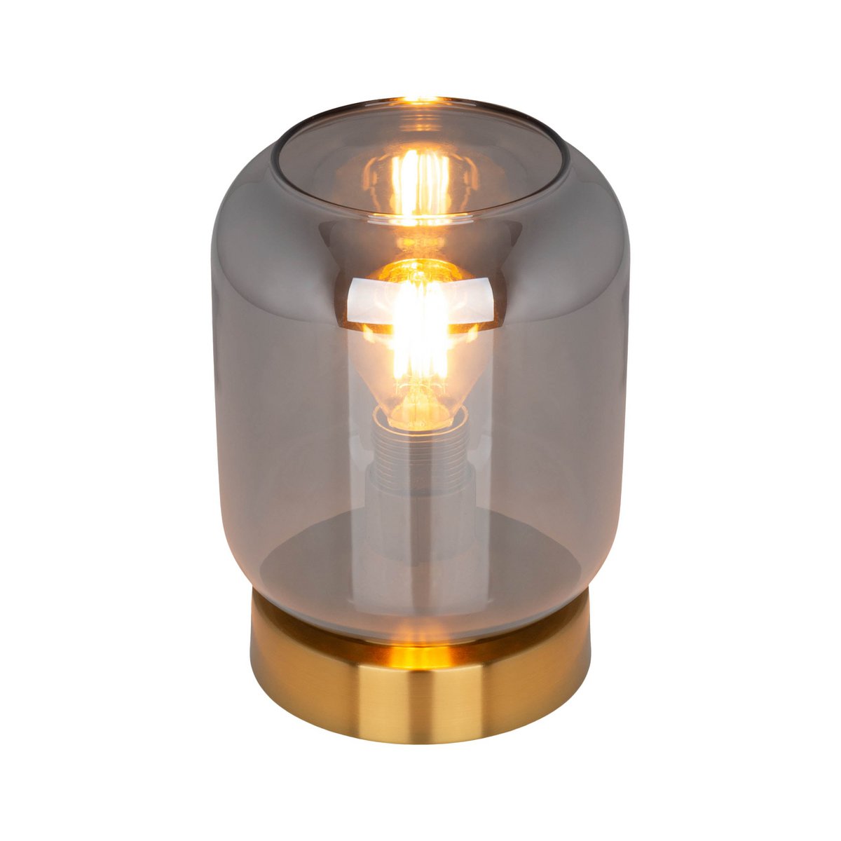 Glazen tafellicht "Alessio", 17 cm hoog, Ø 12 cm, goudkleurig metaal, rookglas, E14
