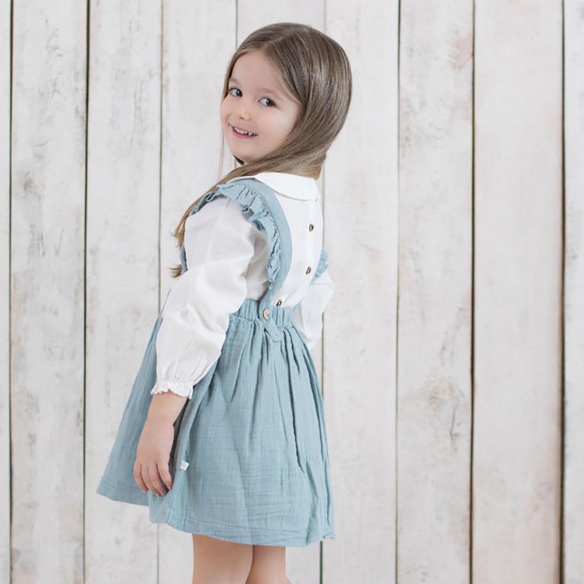 Organicera biologische mousseline babyjurk met franjes, aqua