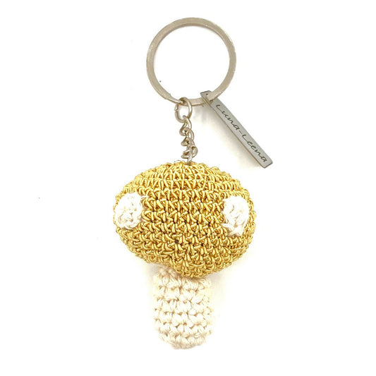 Luna -Leena Mushroom Keychain - Bag Charme - Geel goud - Lurex & Organic Cotton - Hand Crochet in Nepal