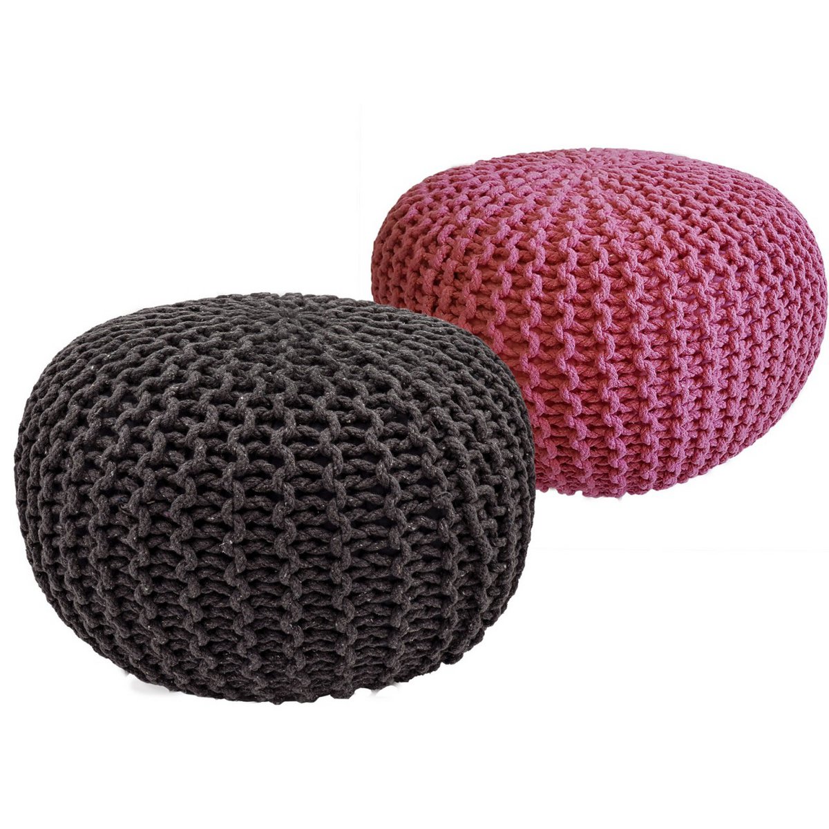 Sitzhocker Pouf SET 2 Stück Ø 55 cm H 37 cm Strickhocker Bodenkissen Grobstrick-Optik nachhaltig